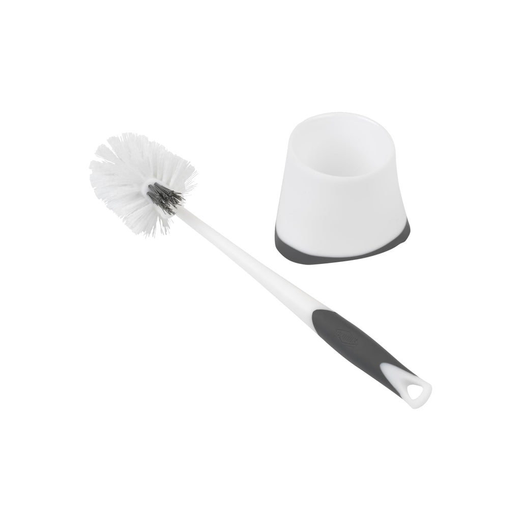Clorox Corner Toilet Bowl Brush with Under Rim Scrubber, Includes Corner Storage Caddy, White