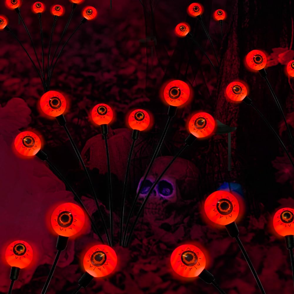 BeHiller Halloween Decorations Outdoor Solar Scary Eyeball Lights,2PACKS 12LED Green Eyeball Swaying Firefly Lights,Waterproof Solar Halloween Path Lights for Yard/Garden/Lawn/Party Decor
