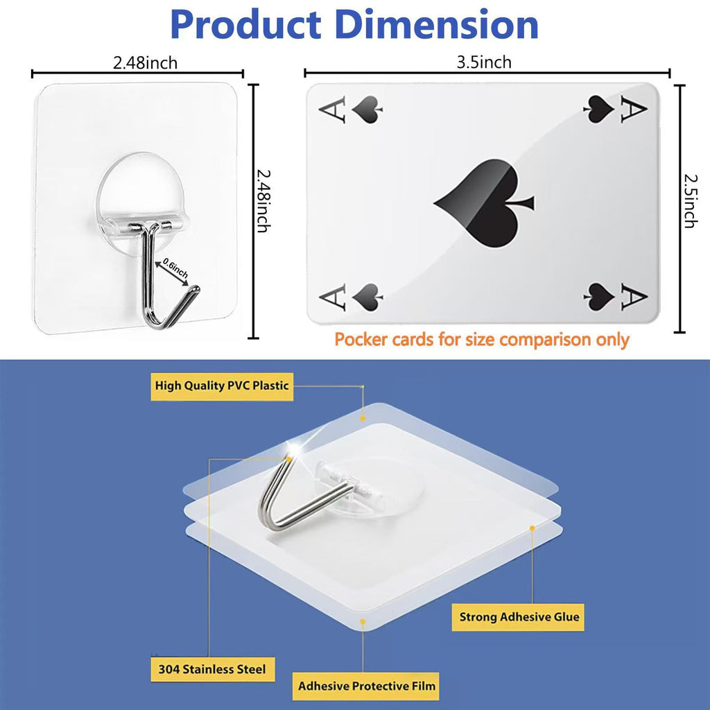 Adhesive Wall Hooks No Drill Clear Heavy Duty, 13LB Sticky 12 Pack