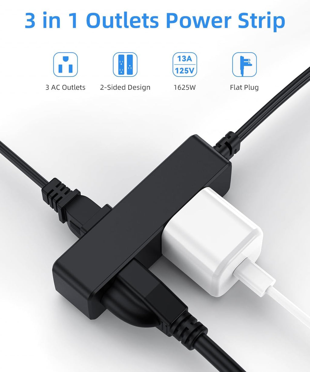 Flat Plug Extension Cord with 3 Outlets - 6Ft Low Profile Indoor 3 Prong Grounded Power Strip for Home Office & Travel - 16 AWG 13A/1625W, Black