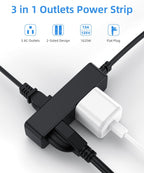Flat Plug Extension Cord with 3 Outlets - 6Ft Low Profile Indoor 3 Prong Grounded Power Strip for Home Office & Travel - 16 AWG 13A/1625W, Black