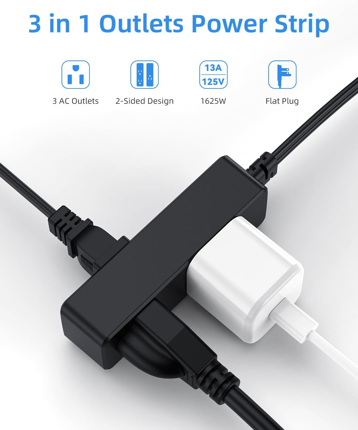 Flat Plug Extension Cord with 3 Outlets - 6Ft Low Profile Indoor 3 Prong Grounded Power Strip for Home Office & Travel - 16 AWG 13A/1625W, Black