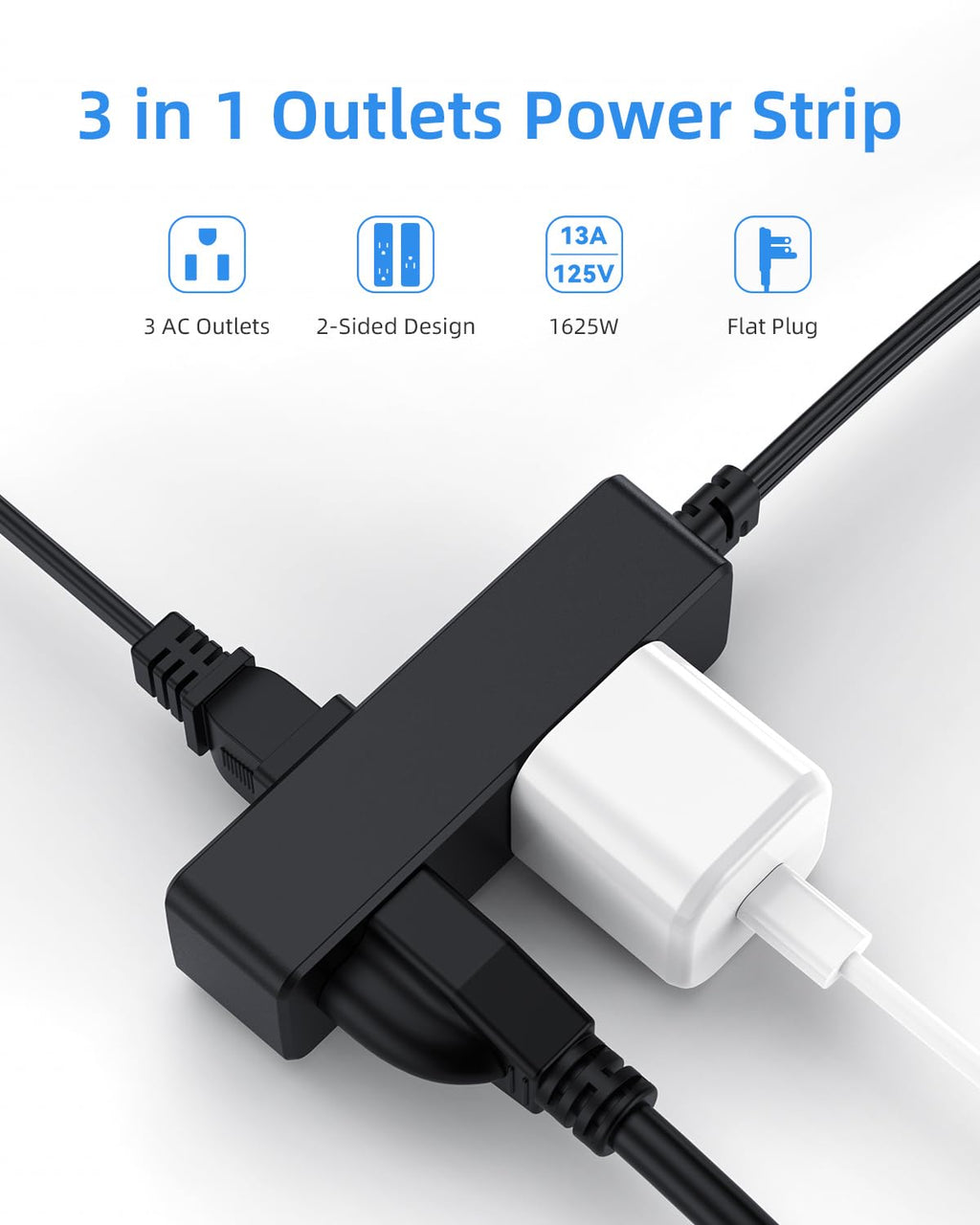 Flat Plug Extension Cord with 3 Outlets - 6Ft Low Profile Indoor 3 Prong Grounded Power Strip for Home Office & Travel - 16 AWG 13A/1625W, Black