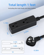 Flat Plug Extension Cord with 3 Outlets - 6Ft Low Profile Indoor 3 Prong Grounded Power Strip for Home Office & Travel - 16 AWG 13A/1625W, Black