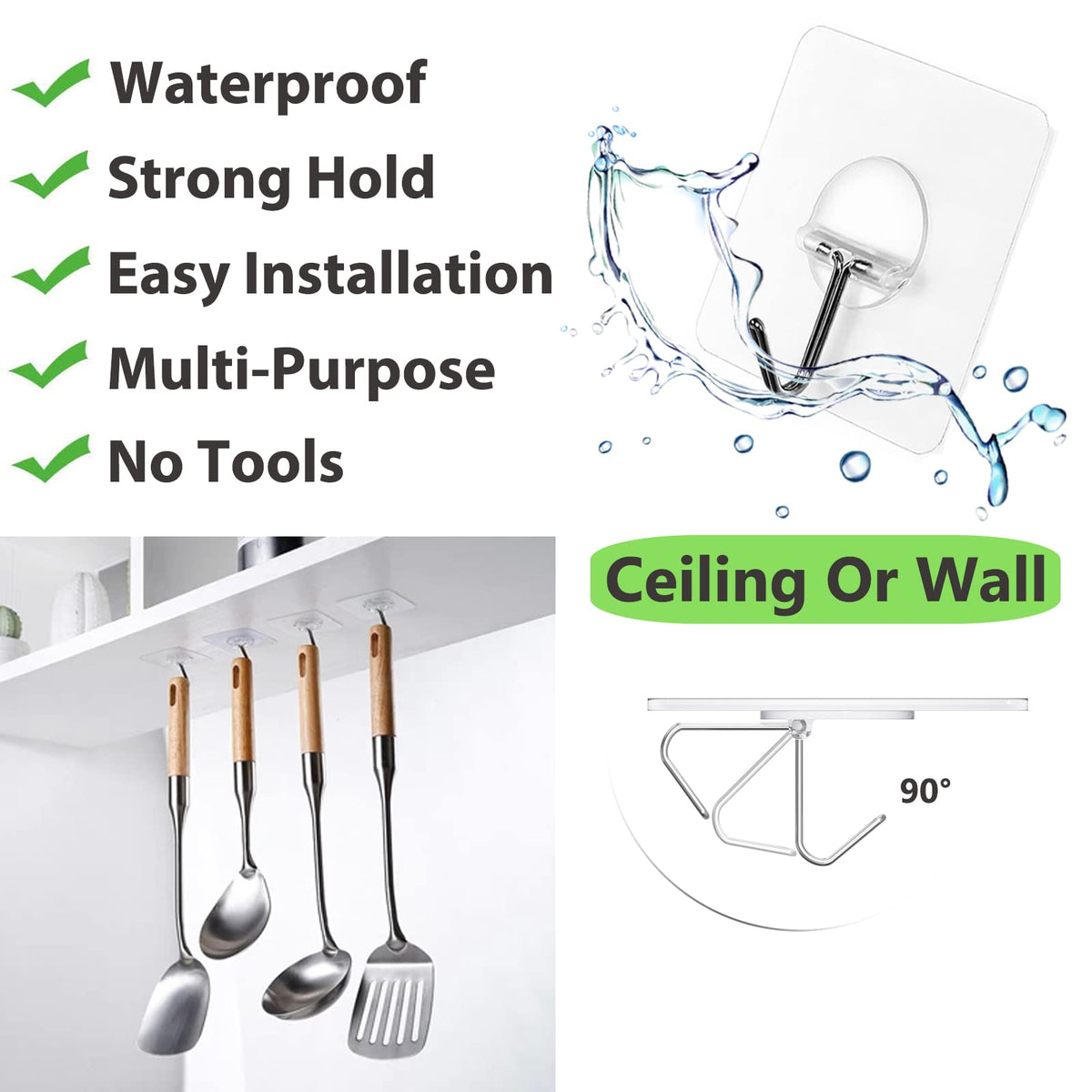Adhesive Wall Hooks No Drill Clear Heavy Duty, 13LB Sticky 12 Pack