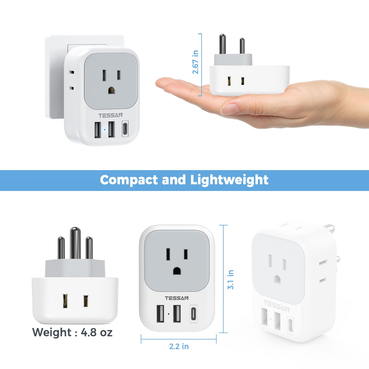 TESSAN European Travel Plug Adapter 2 Pack, Type C Plug