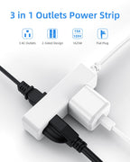 Flat Plug Extension Cord with 3 Outlets - 6Ft Low Profile Indoor 3 Prong Grounded Power Strip for Home Office & Travel - 16 AWG 13A/1625W, Black