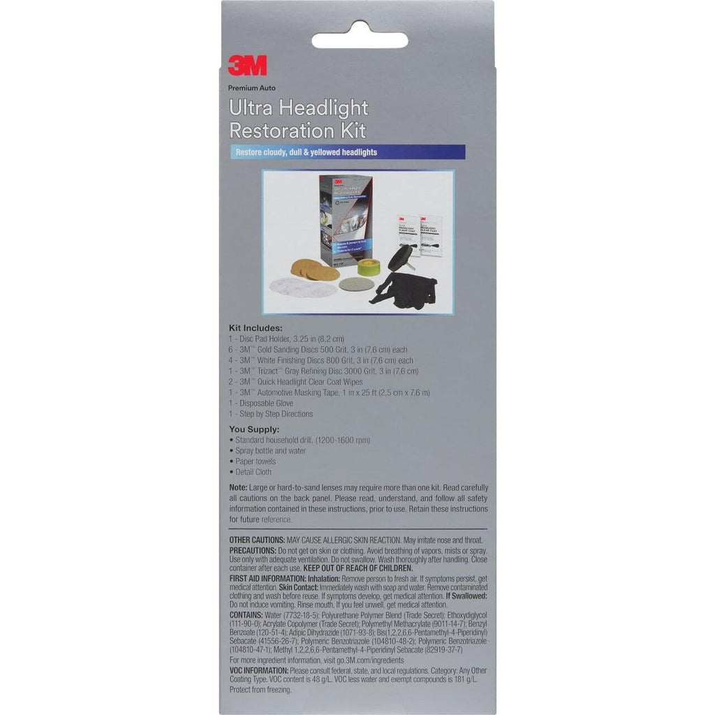 3M Ultra Headlight Restoration Kit, Contains Masking Tape, Light Sanding Discs, Wax Protectant and More, Use on Plastic Lenses Headlights, Taillights and More, Easy Heavy-Duty Restoration (39195)