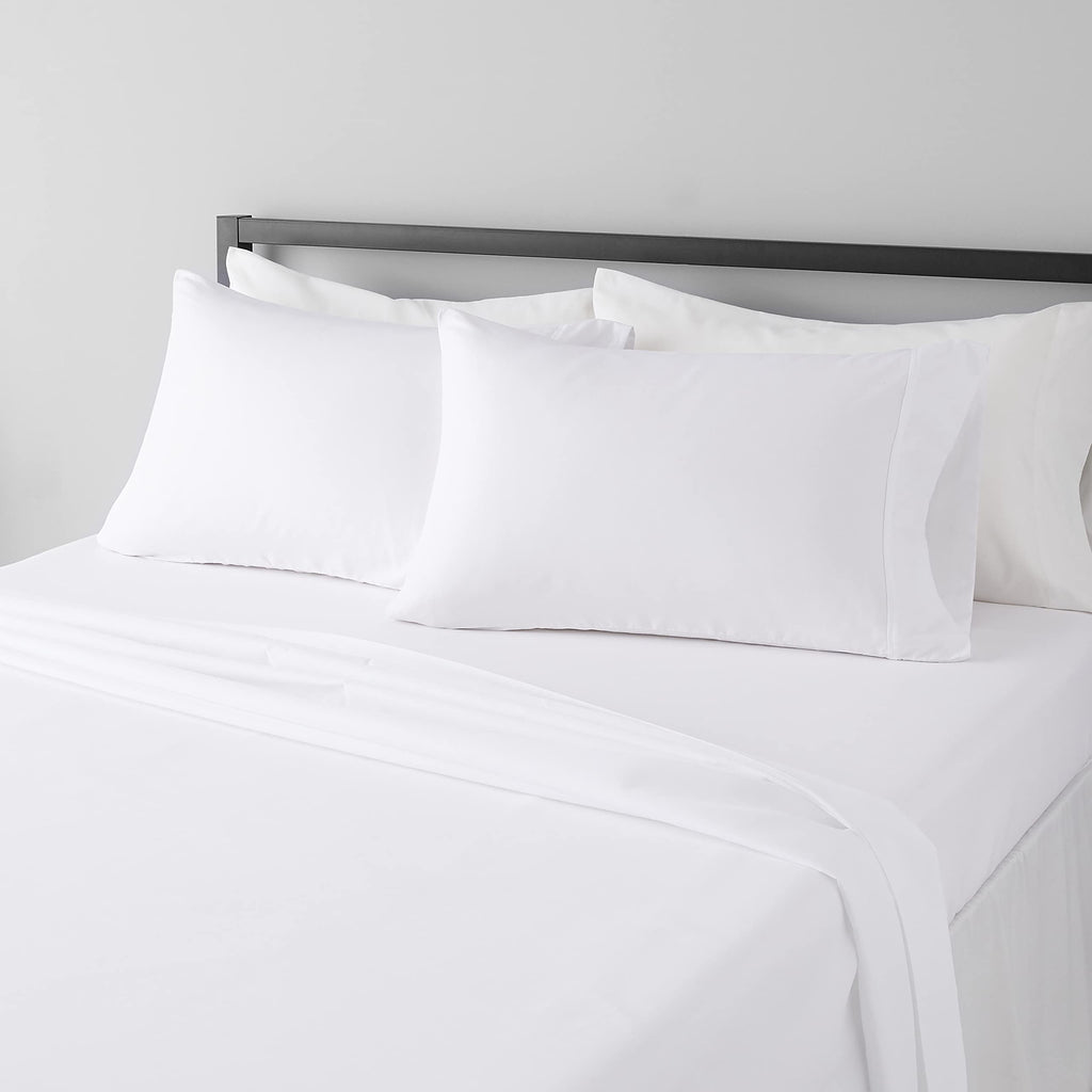 Amazon Basics Lightweight Super Soft Breathable Wrinkle-Resistant Microfiber 4-Piece Bed Sheet Set with 14-Inch Deep Pockets, Queen, Bright White, Solid