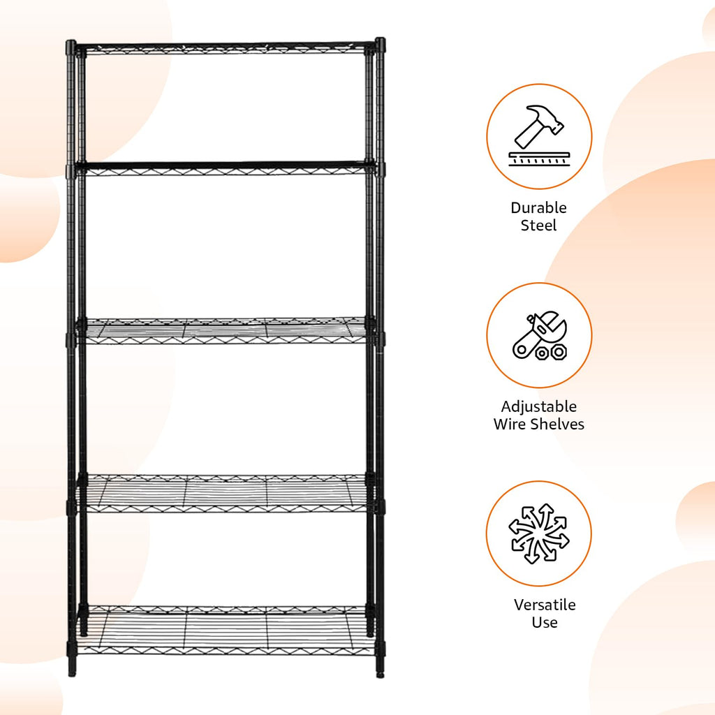Amazon Basics 5-Shelf Tower Adjustable Storage Shelving Unit, Chrome, 16" x 16" x 54", 150 lbs Per Shelf
