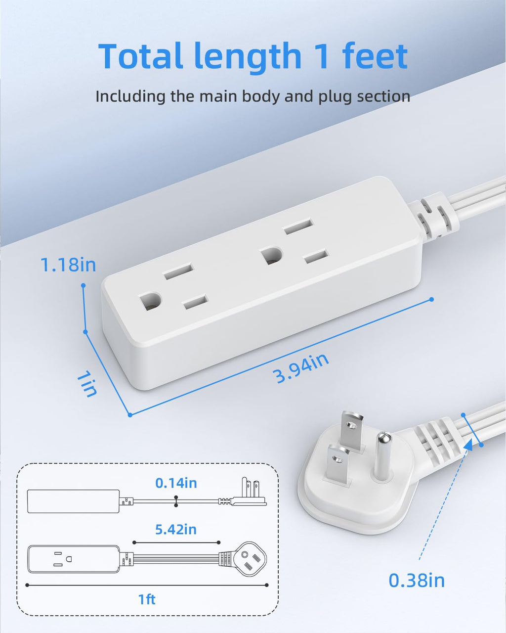 Flat Plug Extension Cord with 3 Outlets - 6Ft Low Profile Indoor 3 Prong Grounded Power Strip for Home Office & Travel - 16 AWG 13A/1625W, Black