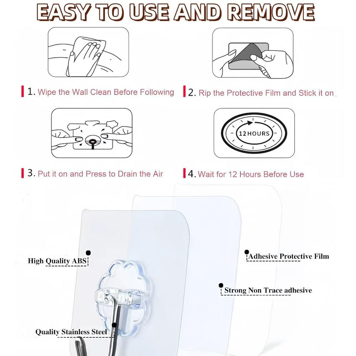 DDMY Adhesive Wall Hooks Clear 50lb(Max) Heavy Duty Hanging Sticky-10 Pack