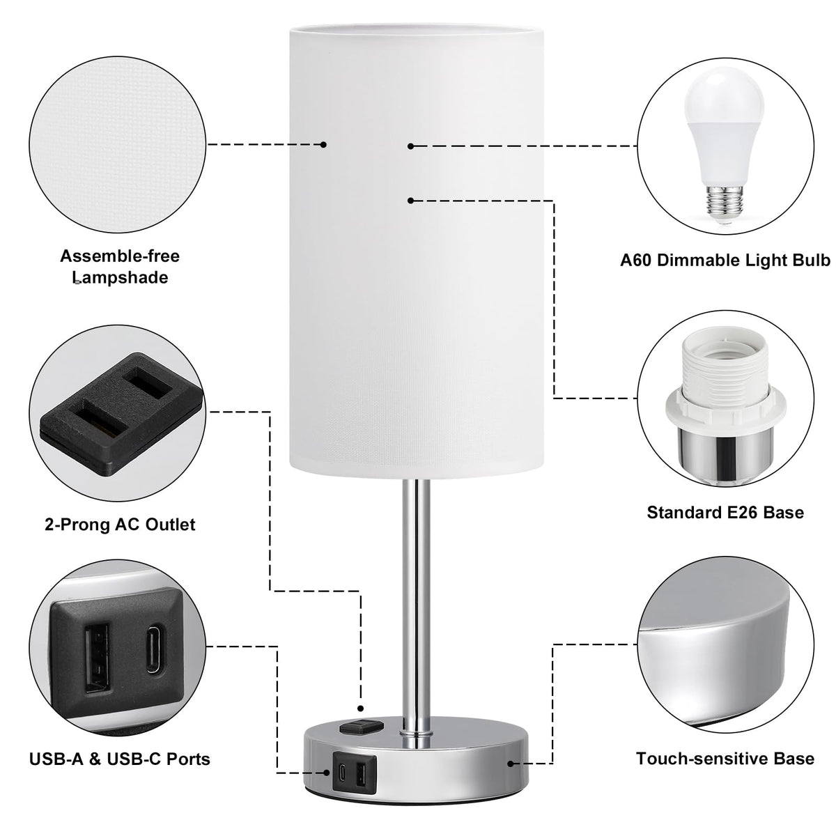 Fenmzee Bedside Table Lamp for Bedroom - Dimmable Touch, USB A+C, AC Outlet