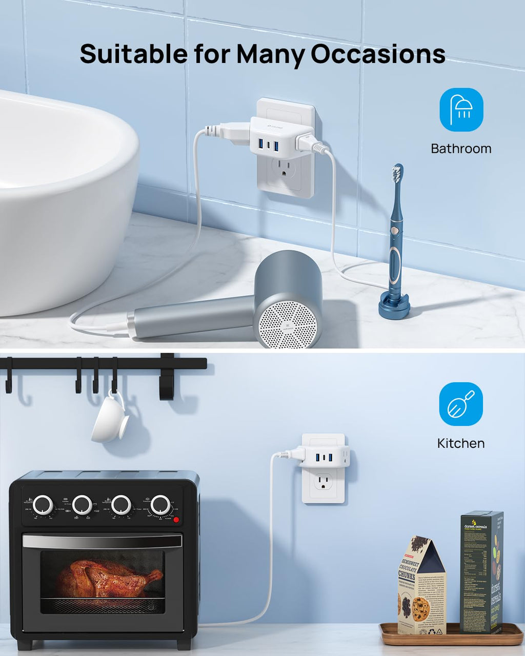 TROND Multi Plug Outlet Extender 2 Pack, Outlet Splitter for Bathroom