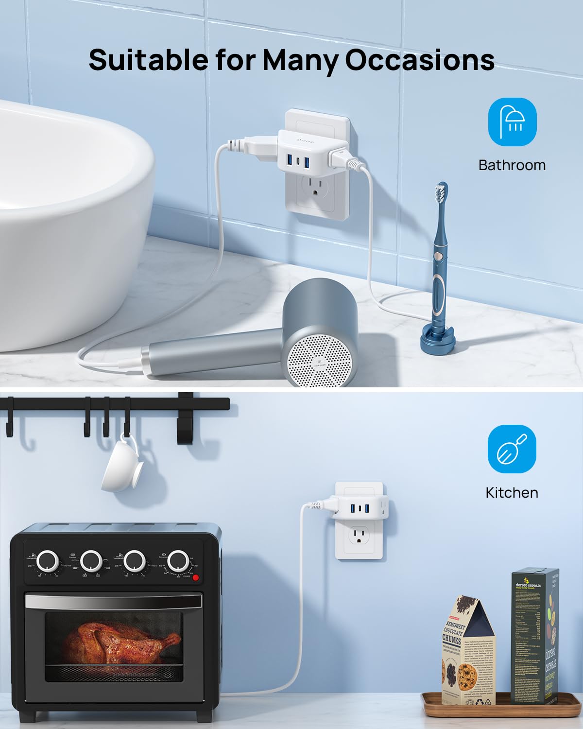 TROND Multi Plug Outlet Extender 2 Pack, Outlet Splitter for Bathroom