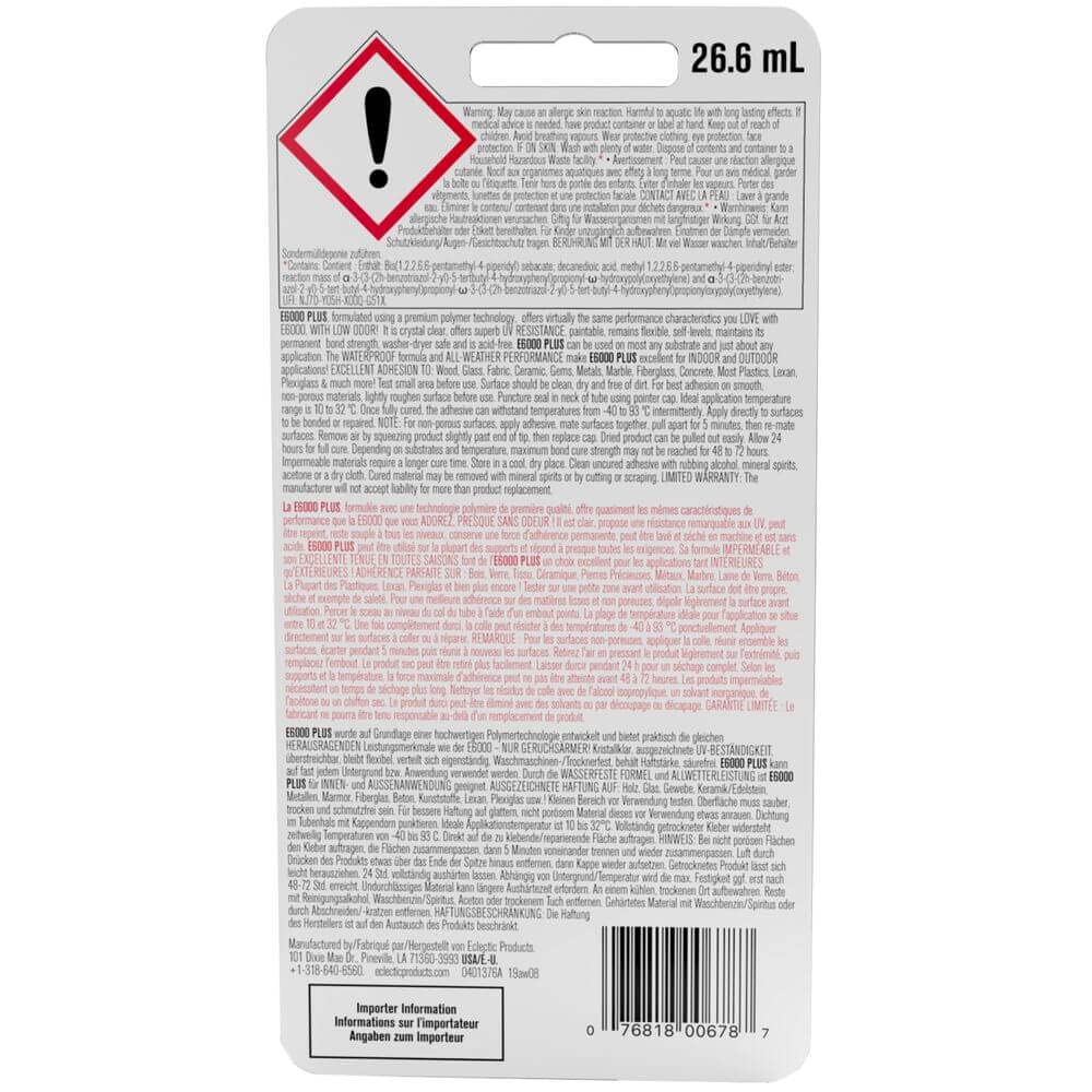 Eclectic Products inc. E6000 Plus Multi-purpose Clear Glue, Waterproof and Paintable, Strong Flexible Craft Adhesive for Wood, Glass, Fabric, Ceramic, Metal and More, 56.1ml