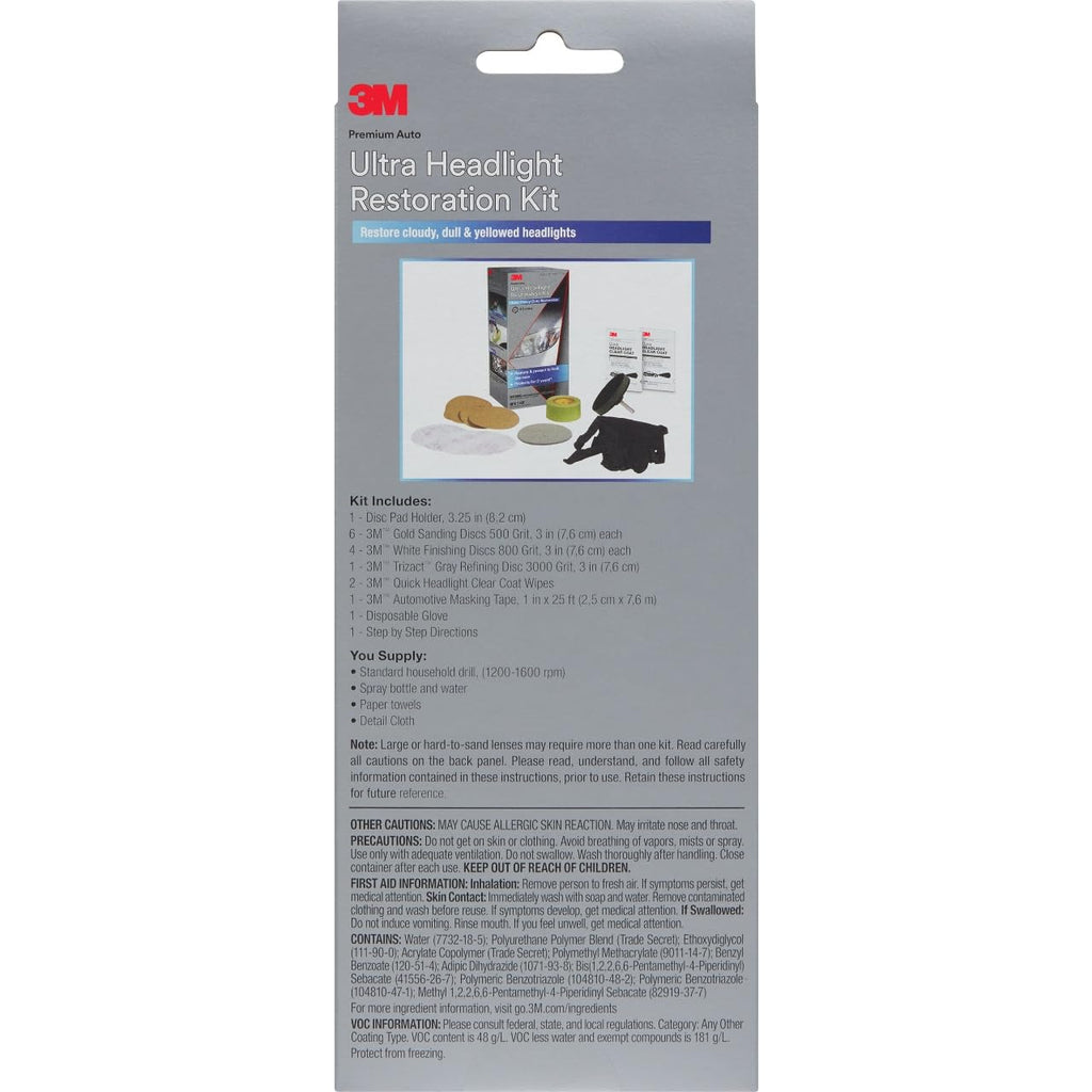 3M Ultra Headlight Restoration Kit, Contains Masking Tape, Light Sanding Discs, Wax Protectant and More, Use on Plastic Lenses Headlights, Taillights and More, Easy Heavy-Duty Restoration (39195)