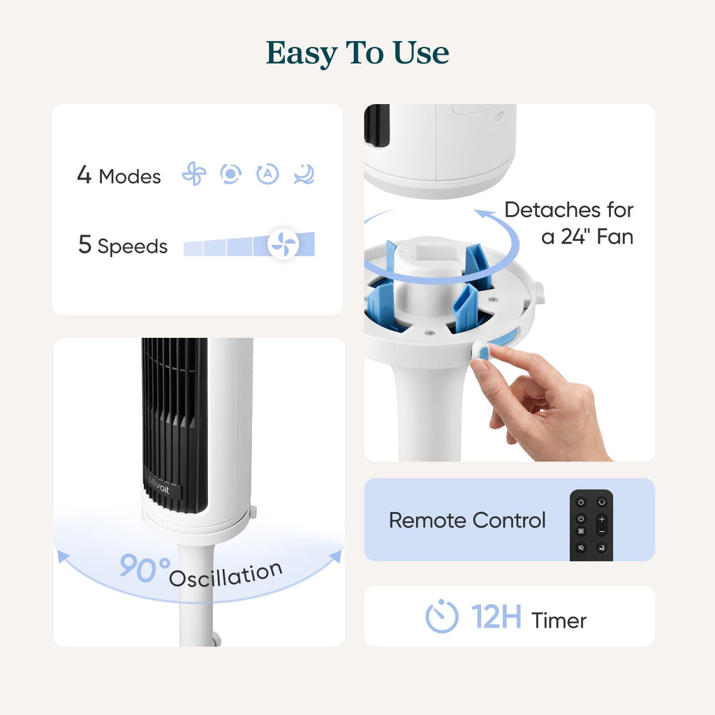 Levoit Tower Fan for Bedroom, 20dB Quiet Desk Fan, Easy to Carry & Plug-in