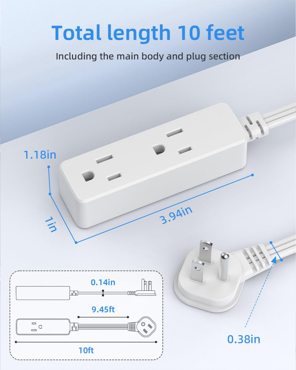 Flat Plug Extension Cord with 3 Outlets - 6Ft Low Profile Indoor 3 Prong Grounded Power Strip for Home Office & Travel - 16 AWG 13A/1625W, Black