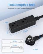 Flat Plug Extension Cord with 3 Outlets - 6Ft Low Profile Indoor 3 Prong Grounded Power Strip for Home Office & Travel - 16 AWG 13A/1625W, Black