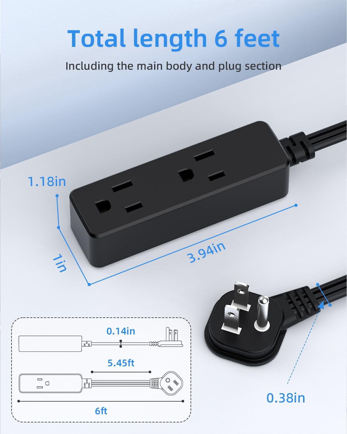 Flat Plug Extension Cord with 3 Outlets - 6Ft Low Profile Indoor 3 Prong Grounded Power Strip for Home Office & Travel - 16 AWG 13A/1625W, Black