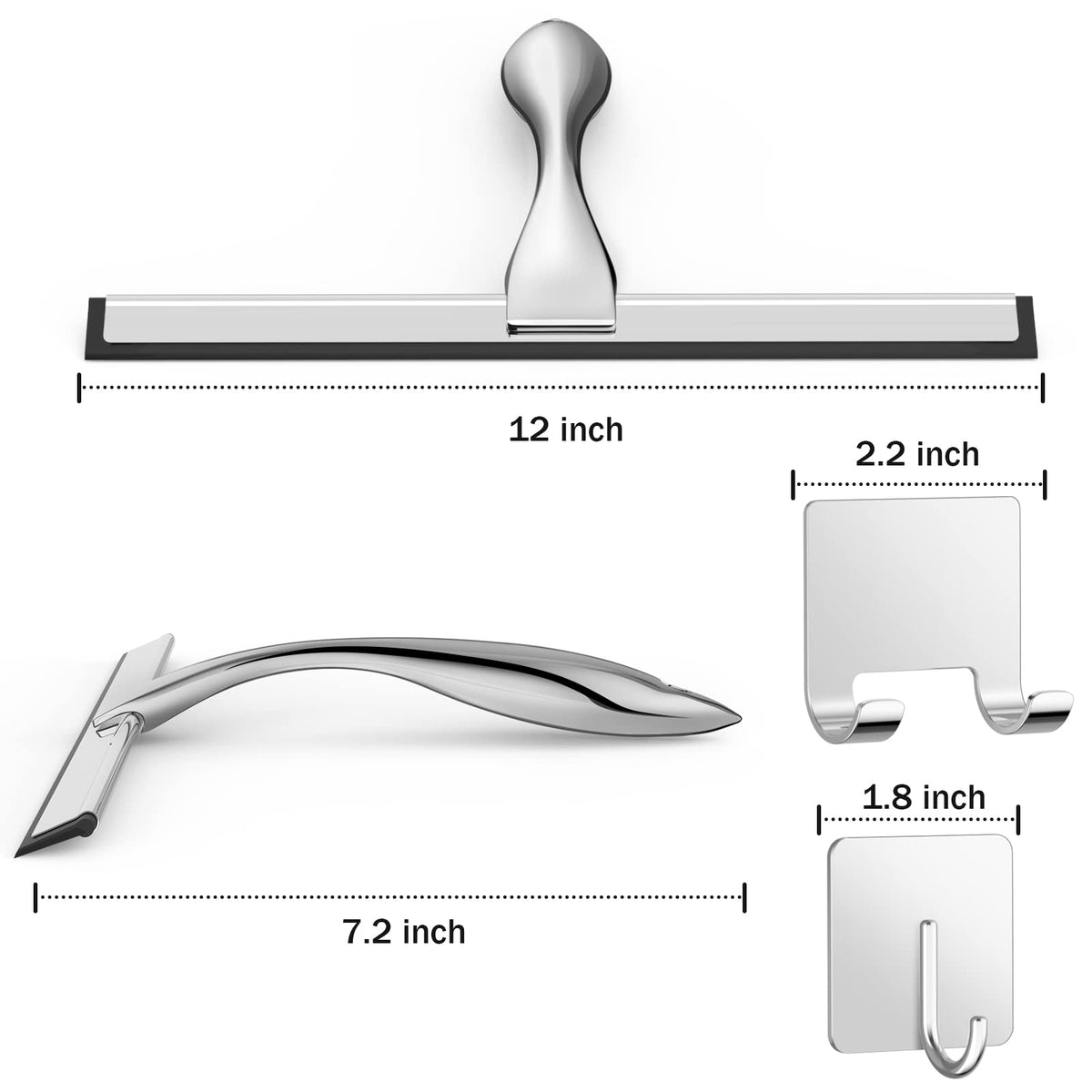 All-Purpose Stainless Steel Shower Squeegee for Shower Glass Door with 2 Adhesive Hooks, Bathroom Cleaner Tool Household Window Mirror Squeegee for Glass Doors, Cleaning Tile Wall, Car, 14 Inch Silver