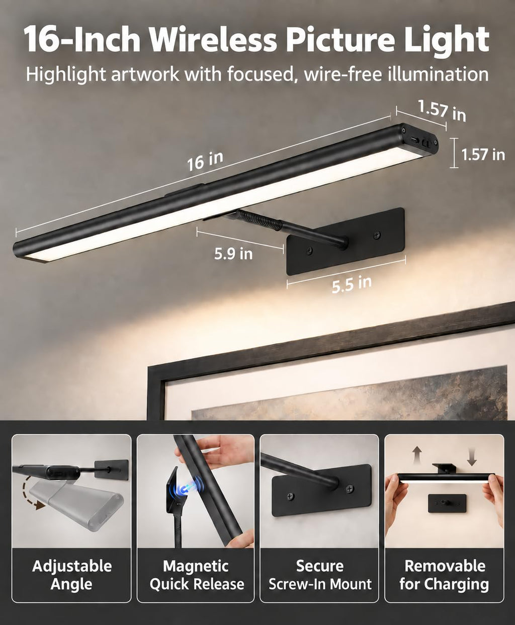 EZVALO Picture Light for Wall, 13'' Rechargeable Magnetic with Remote