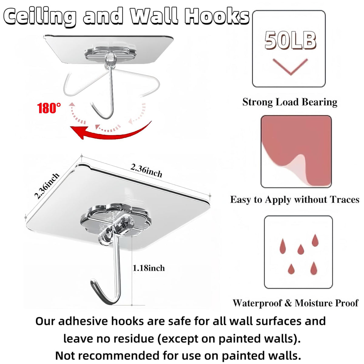 DDMY Adhesive Wall Hooks Clear 50lb(Max) Heavy Duty Hanging Sticky-10 Pack