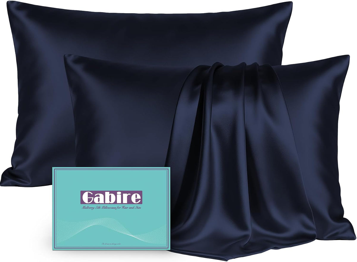 Gabire Mulberry Silk Pillowcases Set of 2, Both Sides Real Silk Pillowcase for Hair and Skin Prevent Acne Pillowcase Organic Silk Pillow case 2 Pack with Hidden Zipper, Navy Blue, Standard (20"×26")