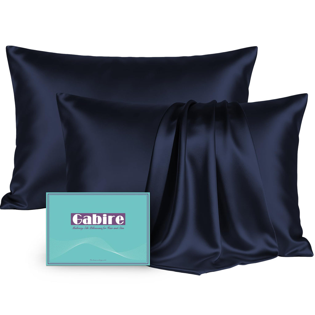 Gabire Mulberry Silk Pillowcases Set of 2, Both Sides Real Silk Pillowcase for Hair and Skin Prevent Acne Pillowcase Organic Silk Pillow case 2 Pack with Hidden Zipper, Navy Blue, Standard (20"×26")