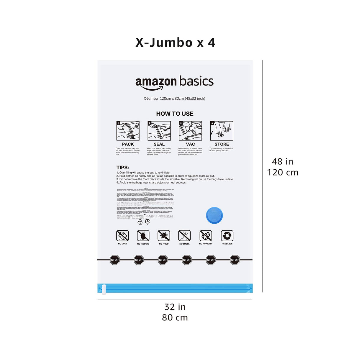 Amazon Basics Vacuum Storage Bags for Clothes, Space Saving Compression Storage Bags with Hand Pump, Heavy Duty, Stackable, Jumbo Size, Clear, 6-Pack
