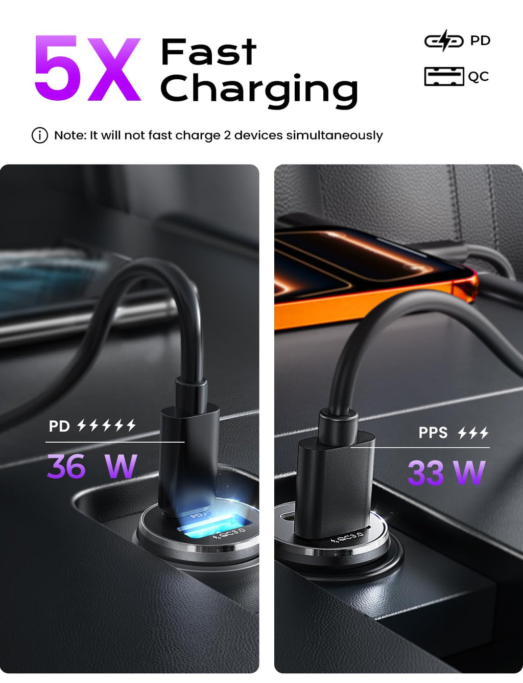 LISEN Car Charger USB C, 69W Cigarette Lighter USB Charger Adapter, 2 Pack