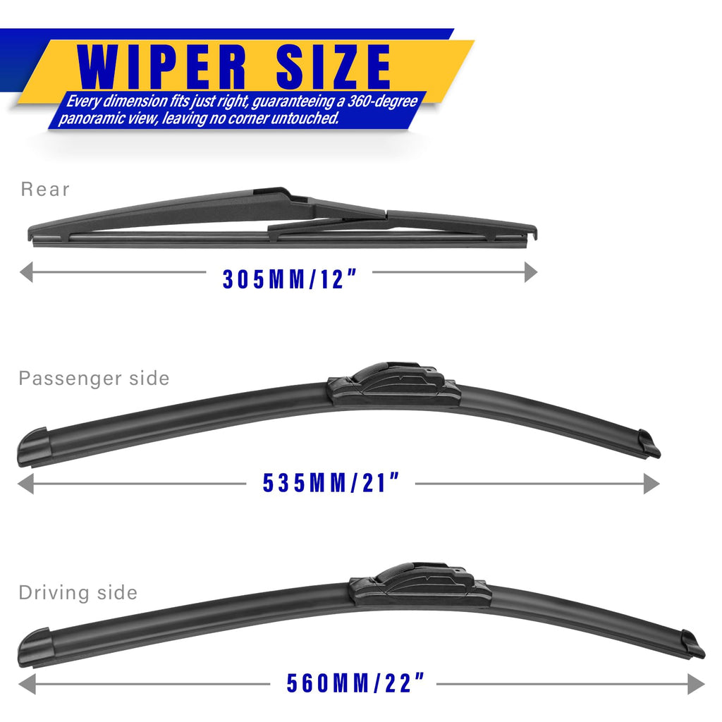 3 Wipers Fits Subaru Forester 2012-2018 Outback 2015-2019 Wiper Blades