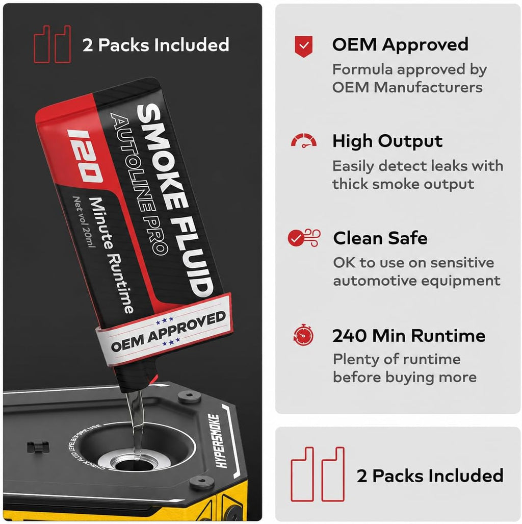 AutoLine Pro HyperSmoke™ Automotive Smoke Machine EVAP Vacuum Leak Tester | Pro Vers. w/Gauge | Adjustable Pressure - OEM Approved Smoke Fluid - Built-in Air Motor - Cone and EVAP Gas Cap Adapter