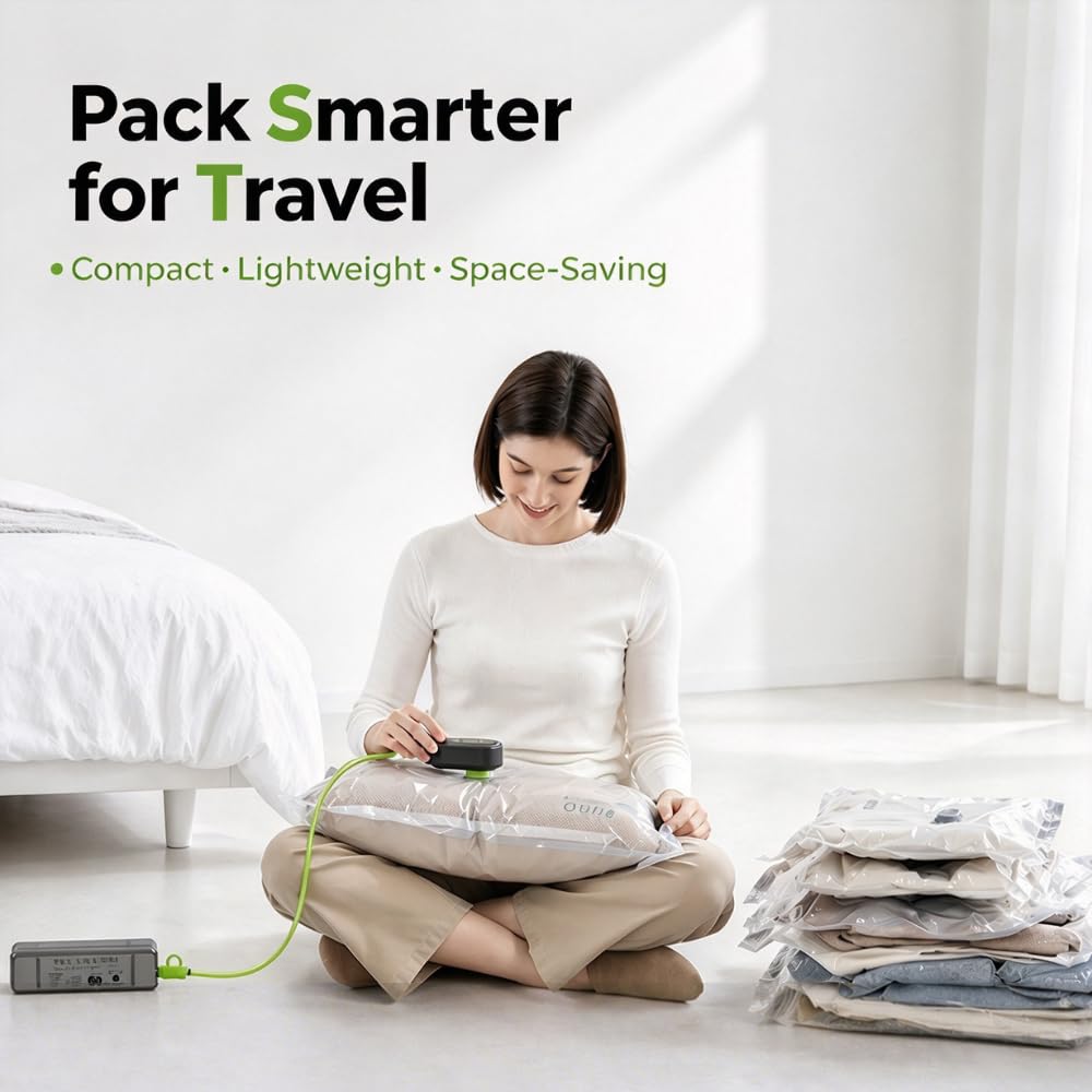 Vacbird Rechargeable Wireless Vacuum Pump + 10 Storage Bags – Compact Space Saver for Travel & Home, Perfect for Clothes, Blankets, Seasonal Organization