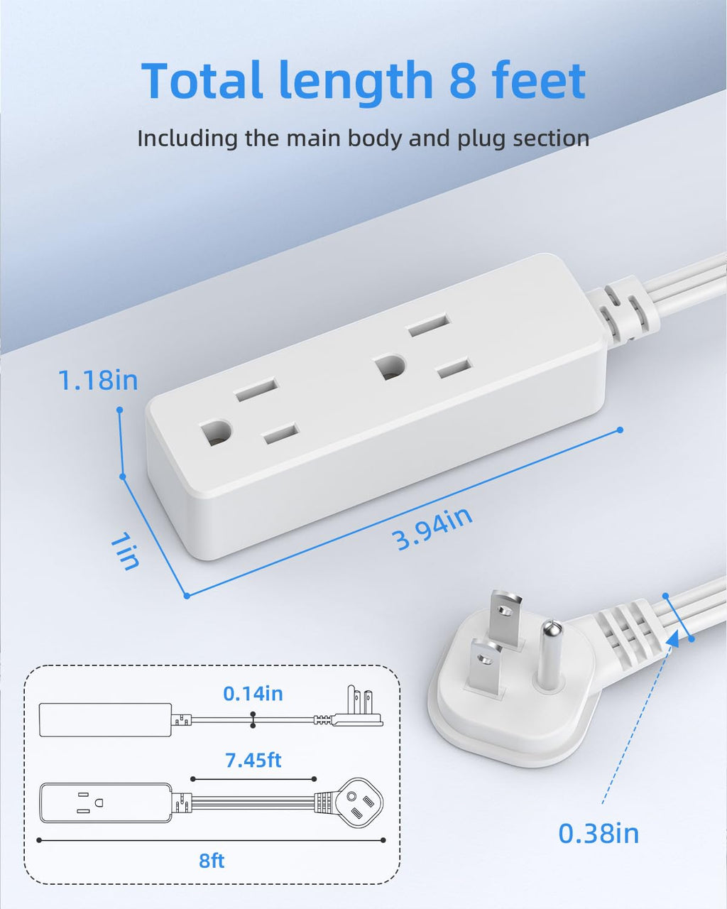 Flat Plug Extension Cord with 3 Outlets - 6Ft Low Profile Indoor 3 Prong Grounded Power Strip for Home Office & Travel - 16 AWG 13A/1625W, Black
