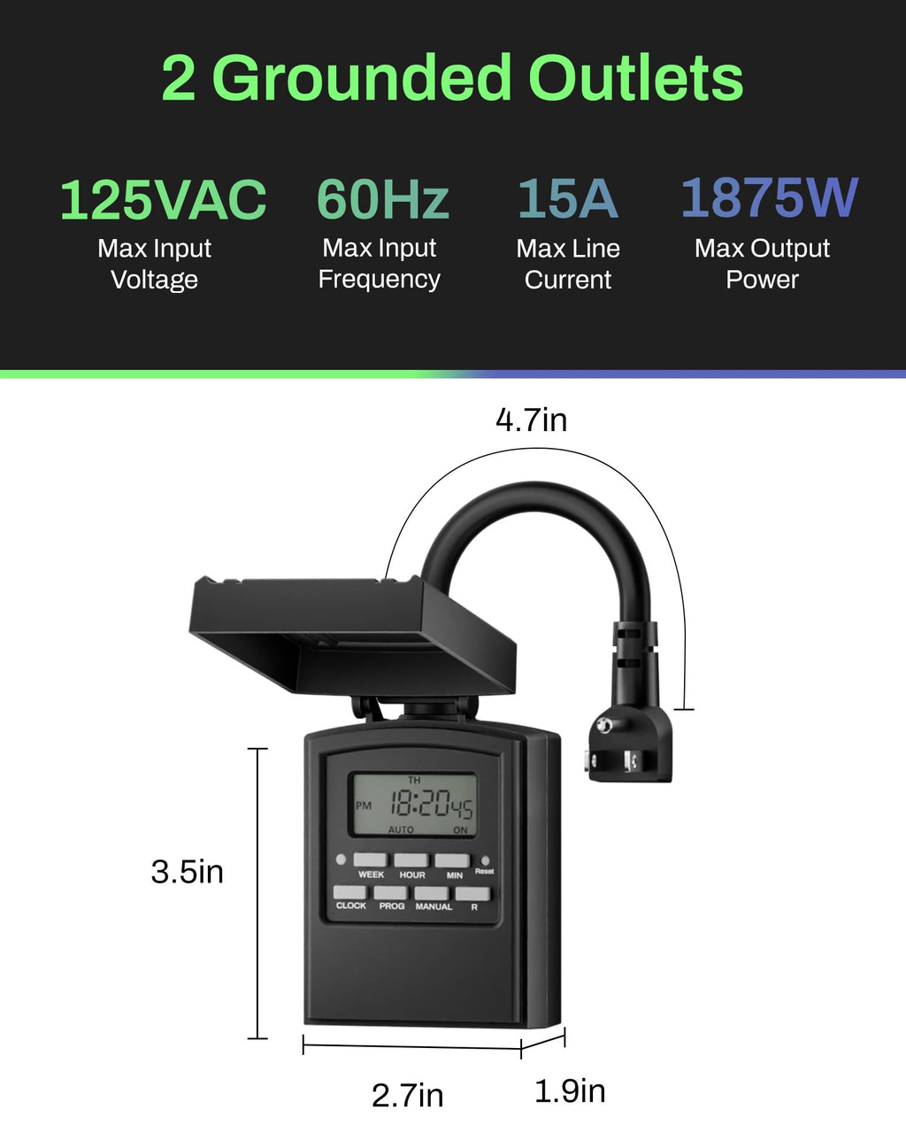 BN-LINK Outdoor 24-Hour Mechanical Timer Outlet, 2 Grounded Outlets
