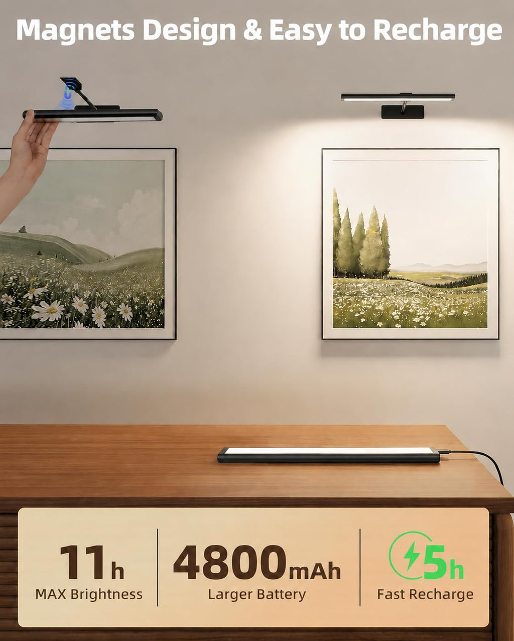 EZVALO Picture Light for Wall, 13'' Rechargeable Magnetic with Remote