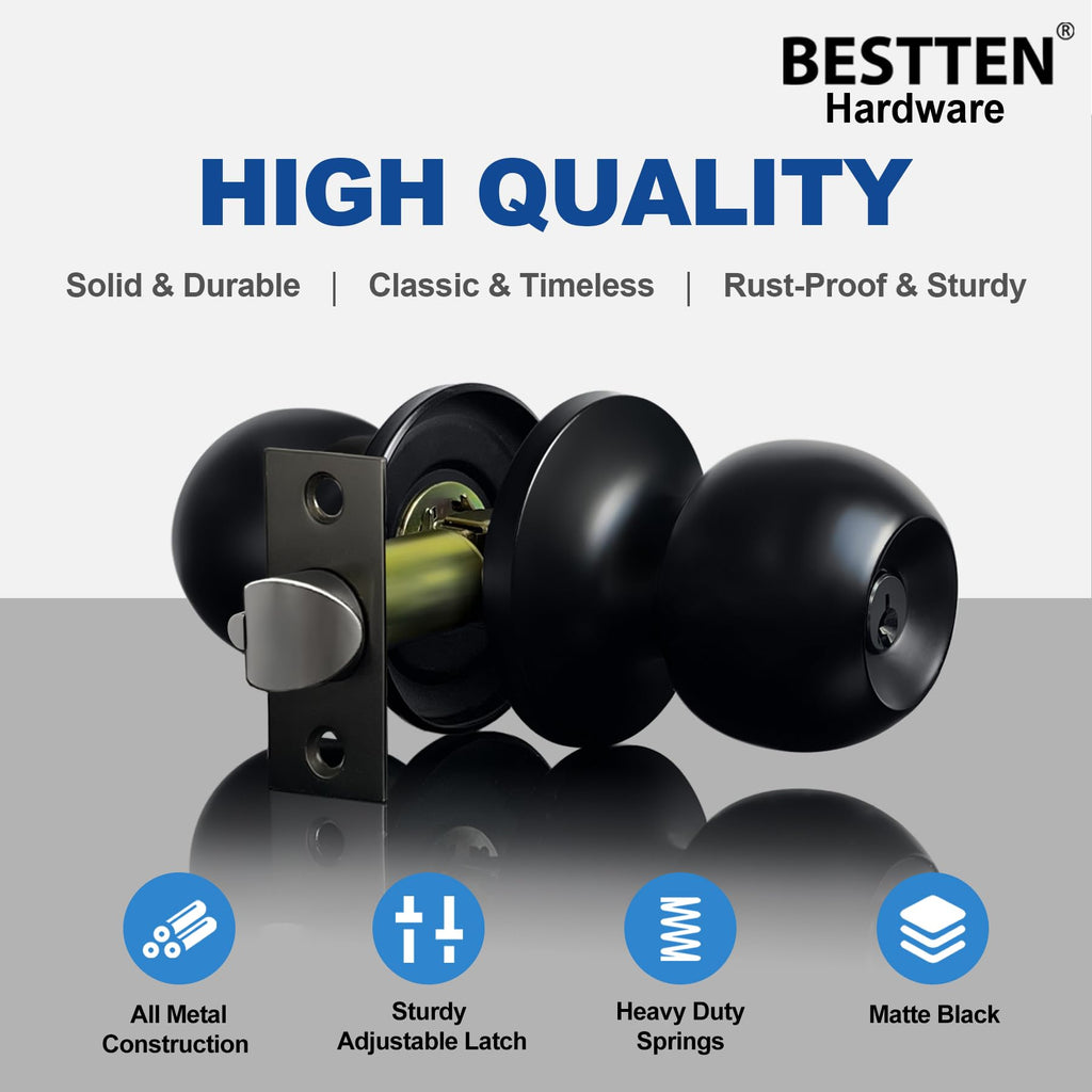 BESTTEN Keyed Entry Door Knob with Lock, Heavy Duty Interior and Exterior Door Lock, Standard Ball, Satin Nickel