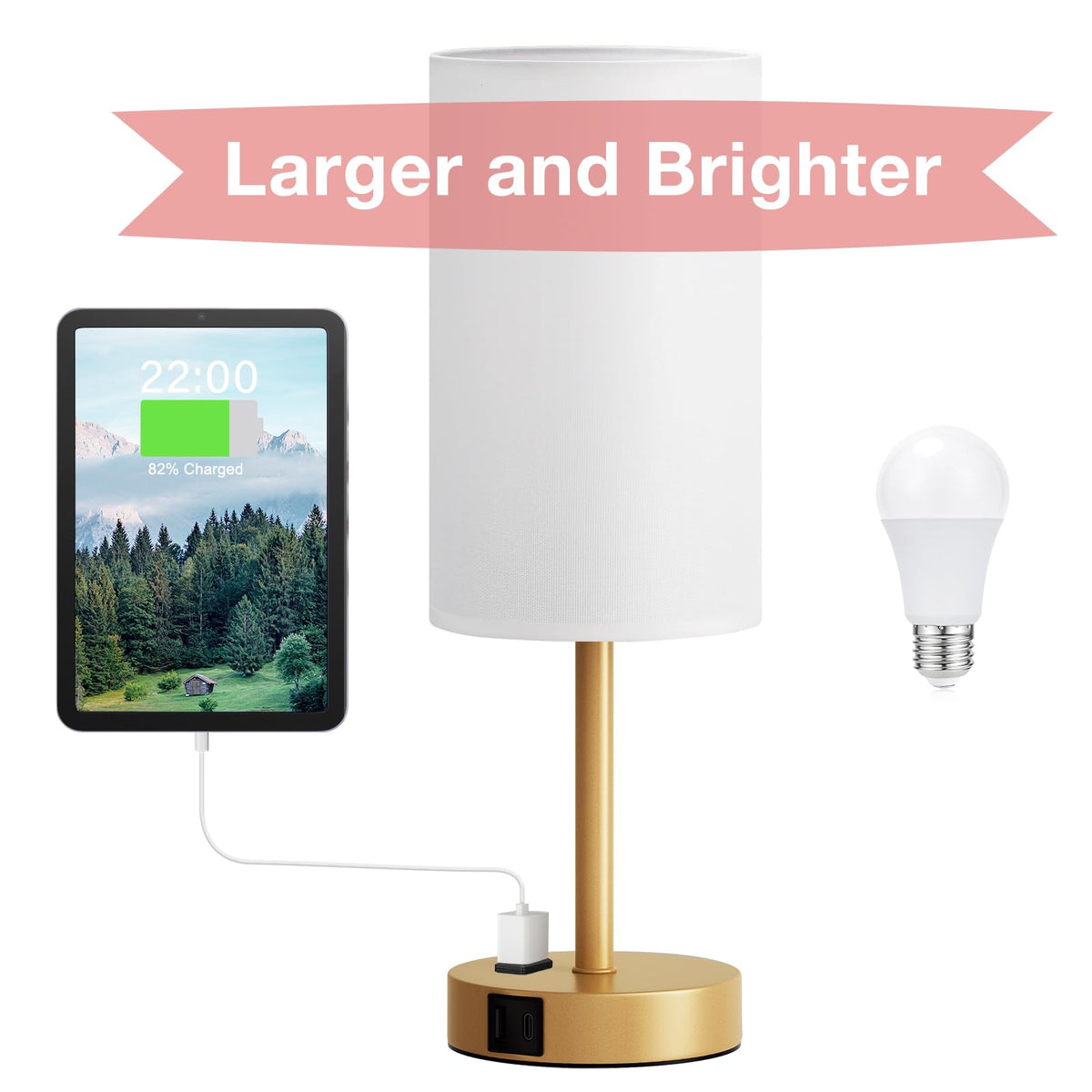 Fenmzee Bedside Table Lamp for Bedroom - Dimmable Touch, USB A+C, AC Outlet