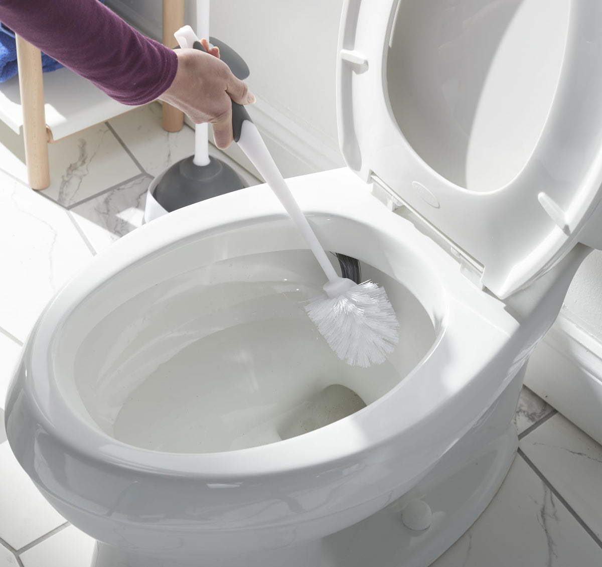Clorox Corner Toilet Bowl Brush with Under Rim Scrubber, Includes Corner Storage Caddy, White