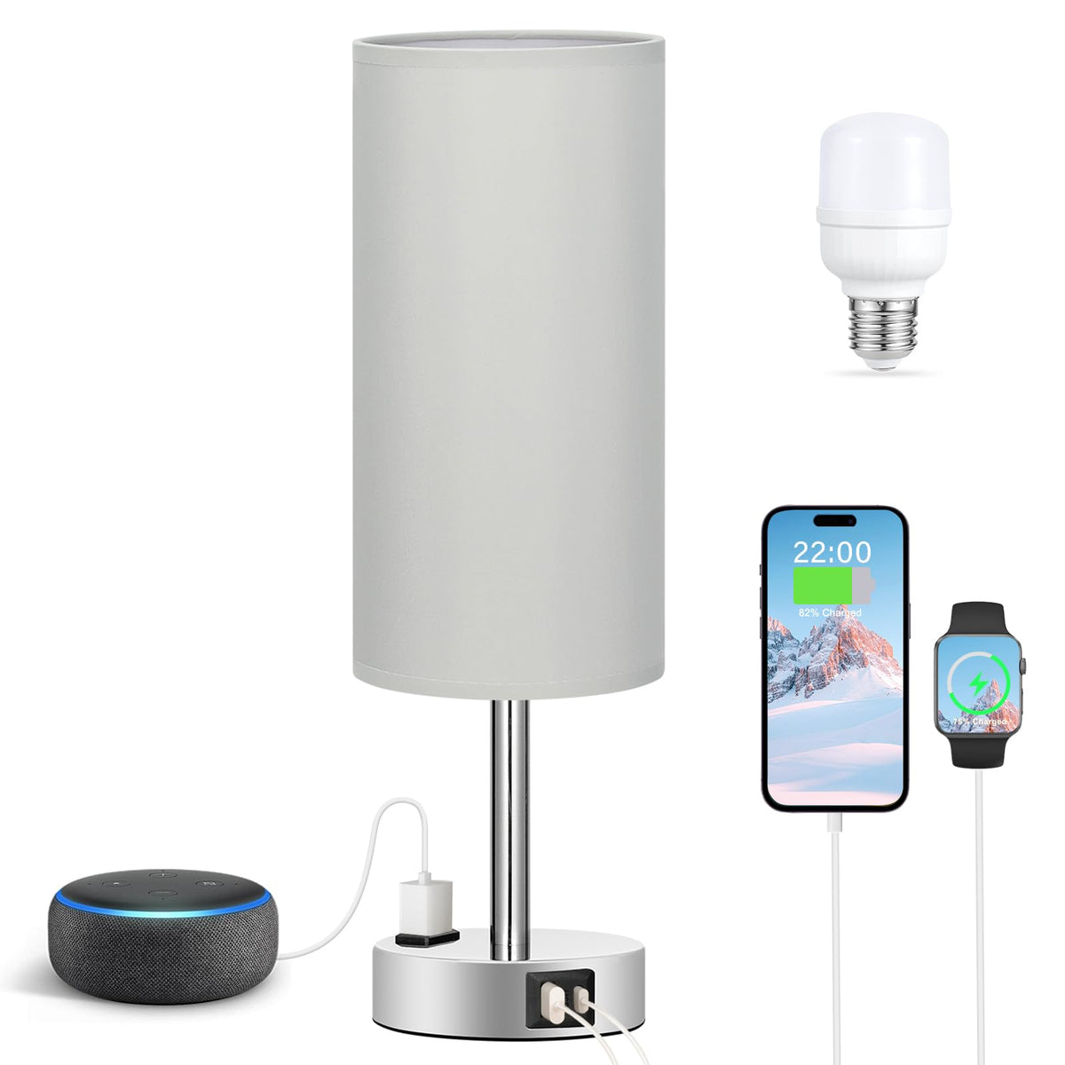 Fenmzee Bedside Table Lamp for Bedroom - Dimmable Touch, USB A+C, AC Outlet