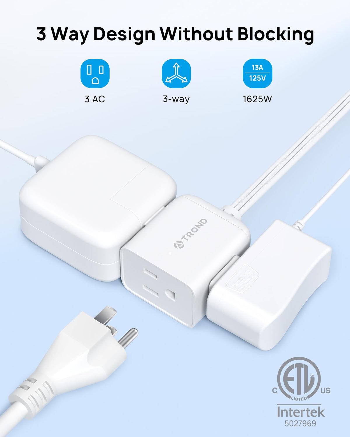 TROND Rightward Flat Plug Extension Cord 6ft for Small Tight Spaces, White
