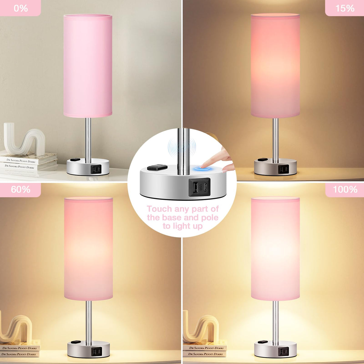Fenmzee Bedside Table Lamp for Bedroom - Dimmable Touch, USB A+C, AC Outlet