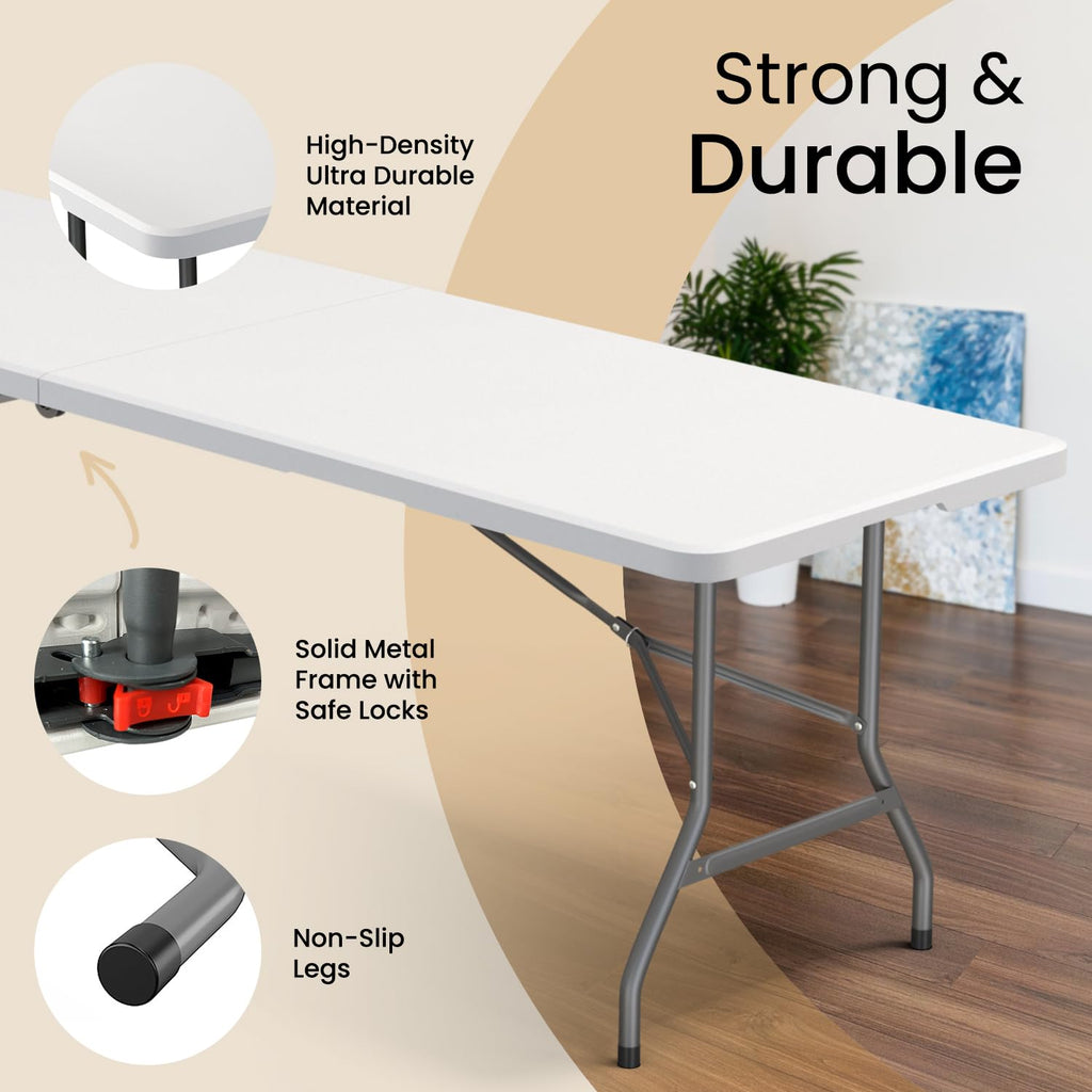 10 PACK of 8 Feet Foldable Table with Built in Handle & Steel Legs | 8 FT Heavy Duty Portable | Perfect for Party, Dining, Wedding, Events, Picnic Indoor, Outdoor, Camping, Temporary - 8 Foot