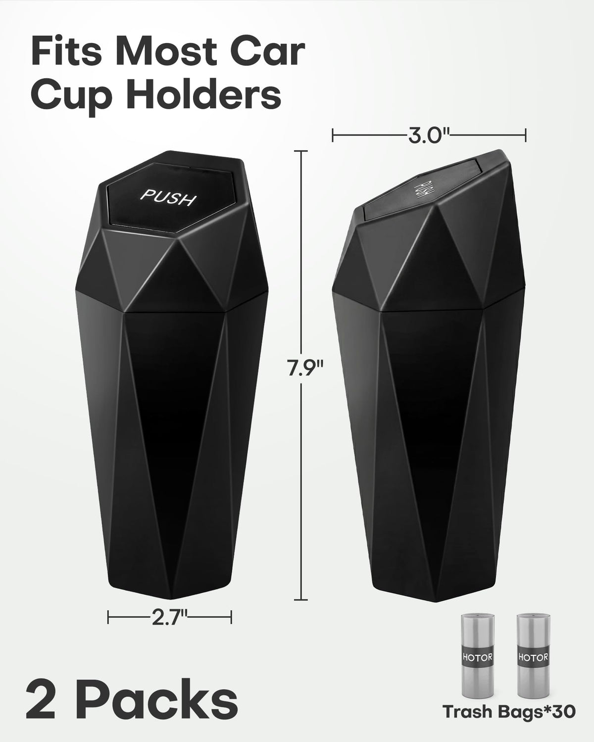 HOTOR Car Trash Can with Lid, Leakproof, Black, 2 Pack