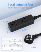 Flat Plug Extension Cord with 3 Outlets - 6Ft Low Profile Indoor 3 Prong Grounded Power Strip for Home Office & Travel - 16 AWG 13A/1625W, Black