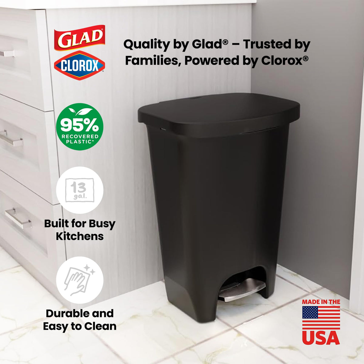 Glad Trash Can with Clorox Odor Protection | Plastic Bin, 13 Gal, Black