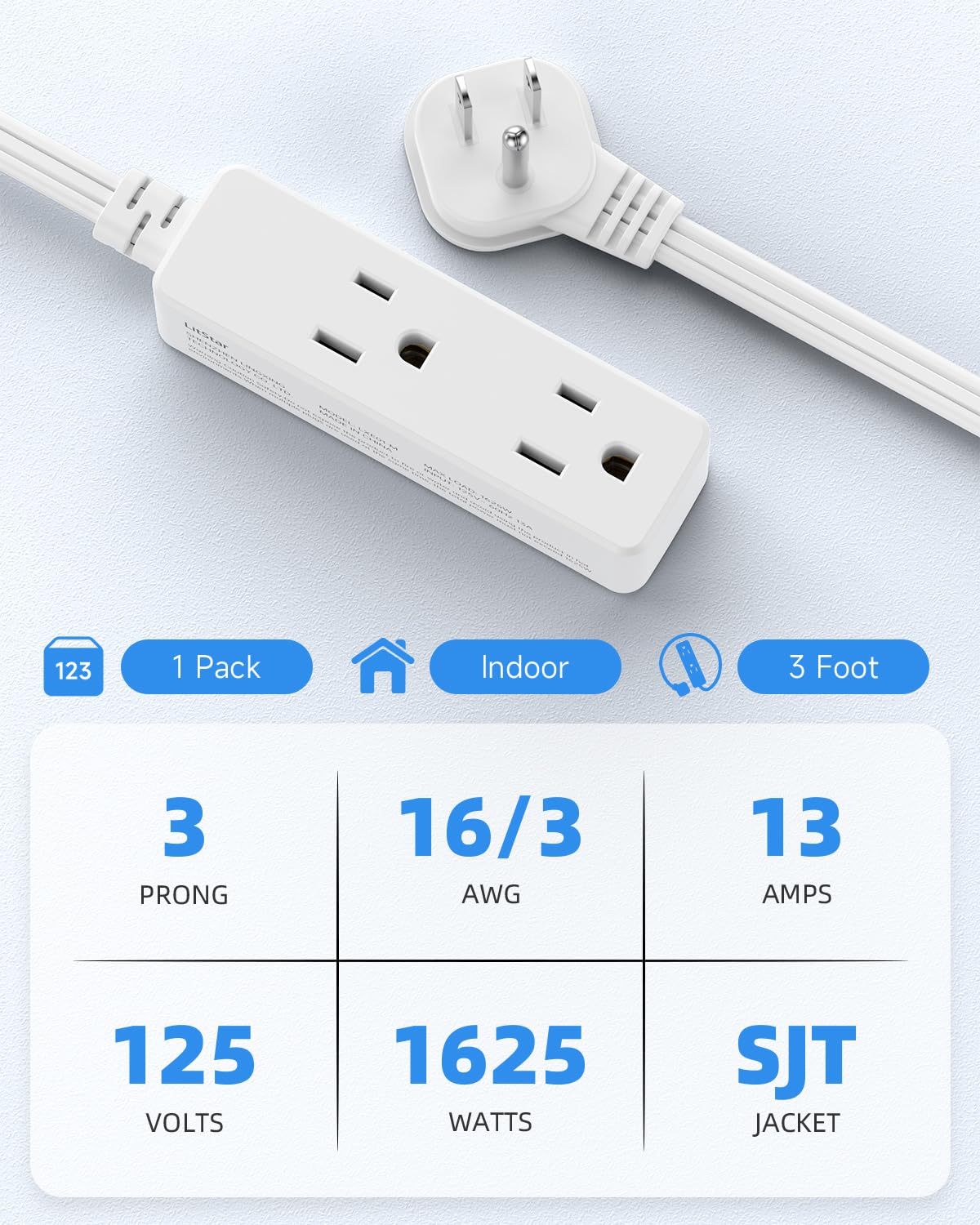 Flat Plug Extension Cord with 3 Outlets - 6Ft Low Profile Indoor 3 Prong Grounded Power Strip for Home Office & Travel - 16 AWG 13A/1625W, Black