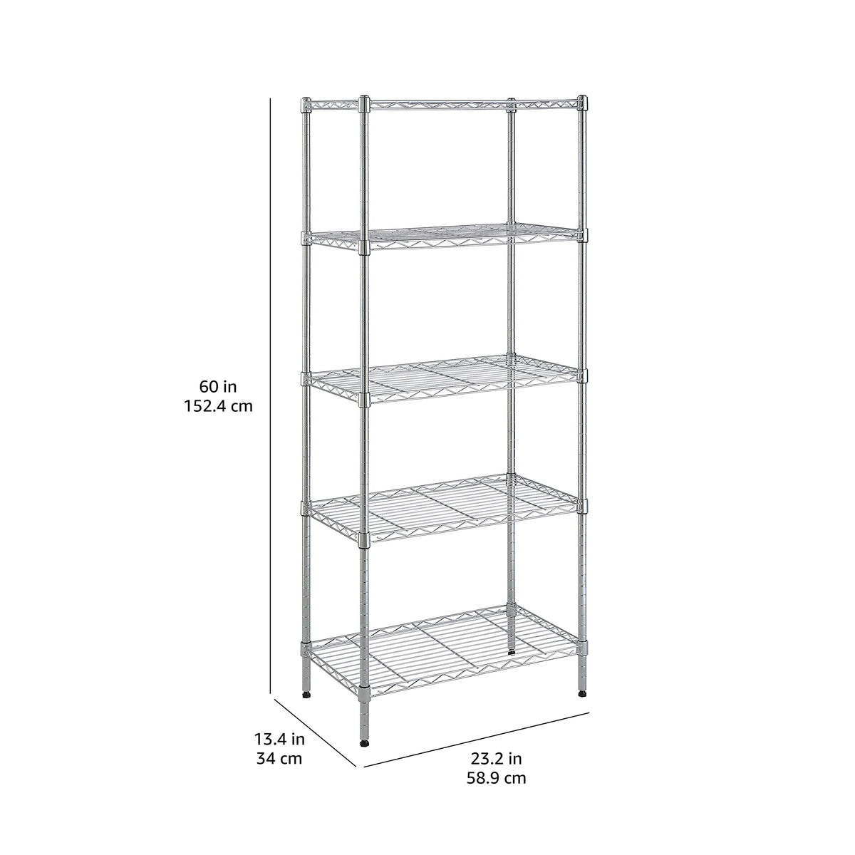 Amazon Basics 5-Shelf Tower Adjustable Storage Shelving Unit, Chrome, 16" x 16" x 54", 150 lbs Per Shelf